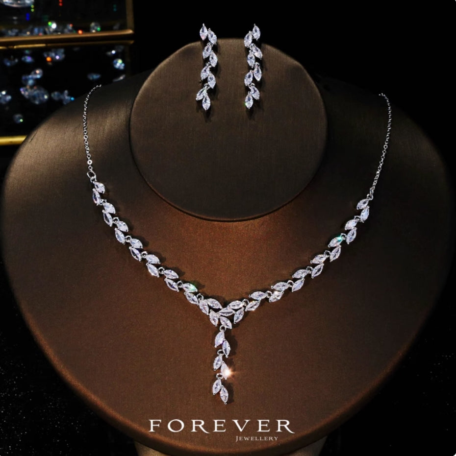 Elegant Korean-Inspired Zircon Bridal Jewelry Set – Necklace & Earrings 2PC for Wedding & Formal Events