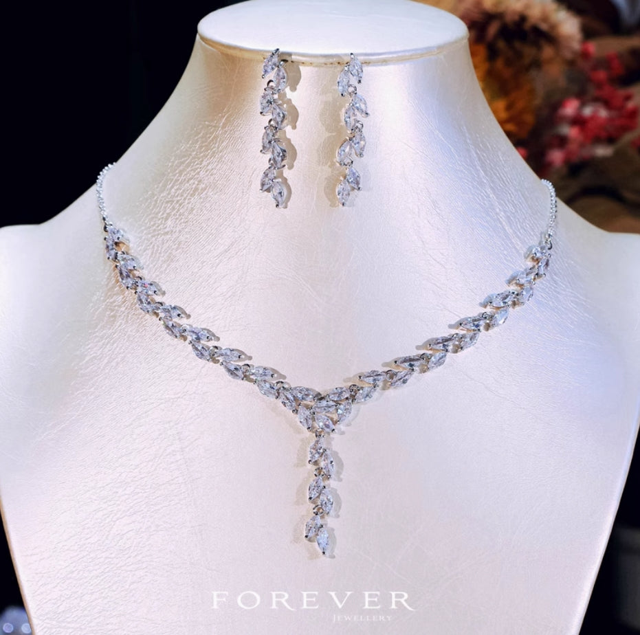 Elegant Korean-Inspired Zircon Bridal Jewelry Set – Necklace & Earrings 2PC for Wedding & Formal Events